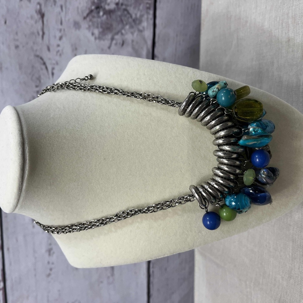 Chunky Blue Green Beaded‎ Silver Chain Statement Necklace